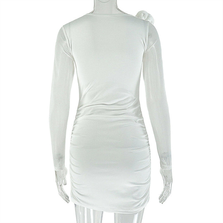 Long sleeve flower applique ruched mini dress  | Festival Outfits Women