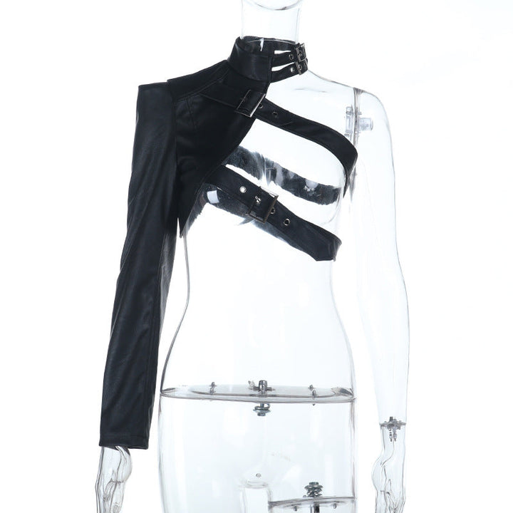 Long sleeve buckle PU leather top  | Festival Outfits Women