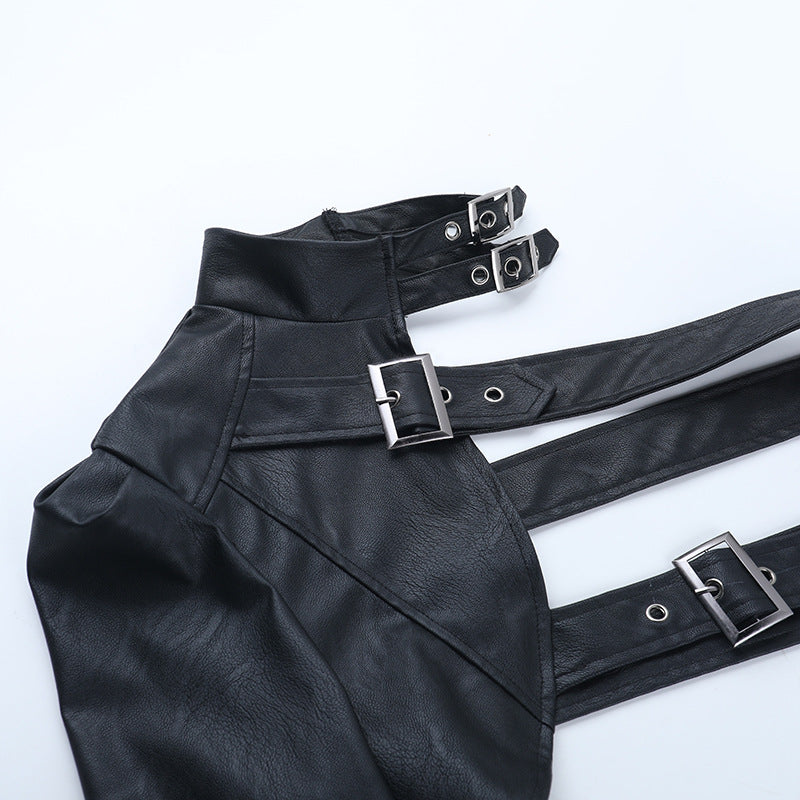Long sleeve buckle PU leather top  | Festival Outfits Women