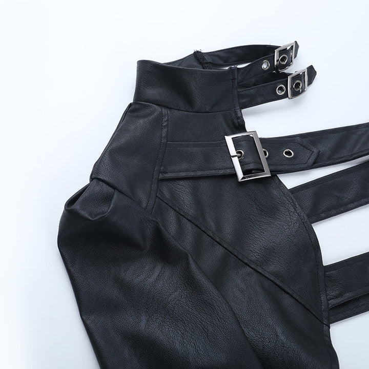 Long sleeve buckle PU leather top  | Festival Outfits Women