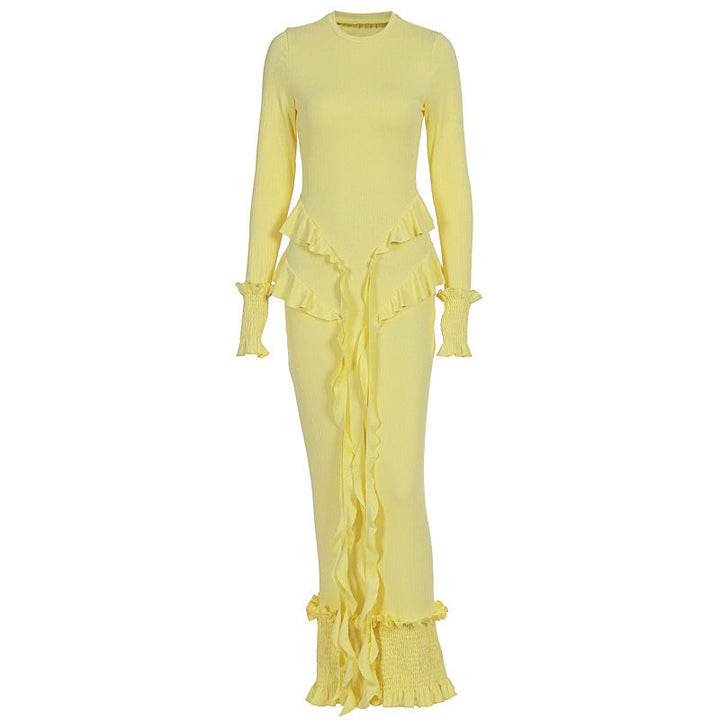 Long sleeve ruffle smocked crewneck maxi dress  | Festival Outfits Women