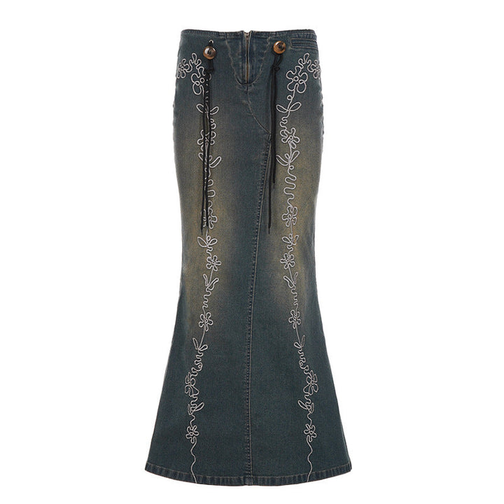 Denim embroidery zip-up slit maxi skirt  | Festival Outfits Women