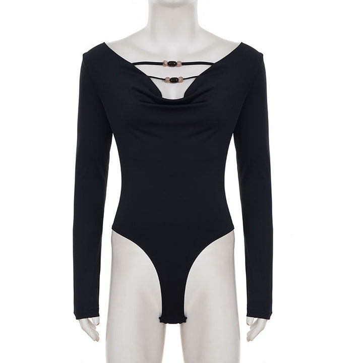 V neck long sleeve beaded solid bodysuit  | Festival Outfits Women