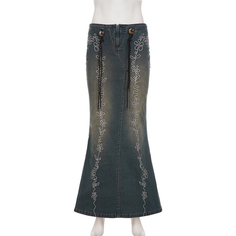 Denim embroidery zip-up slit maxi skirt  | Festival Outfits Women