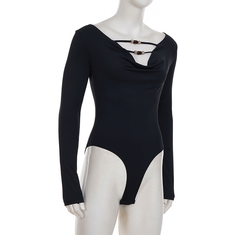 V neck long sleeve beaded solid bodysuit  | Festival Outfits Women