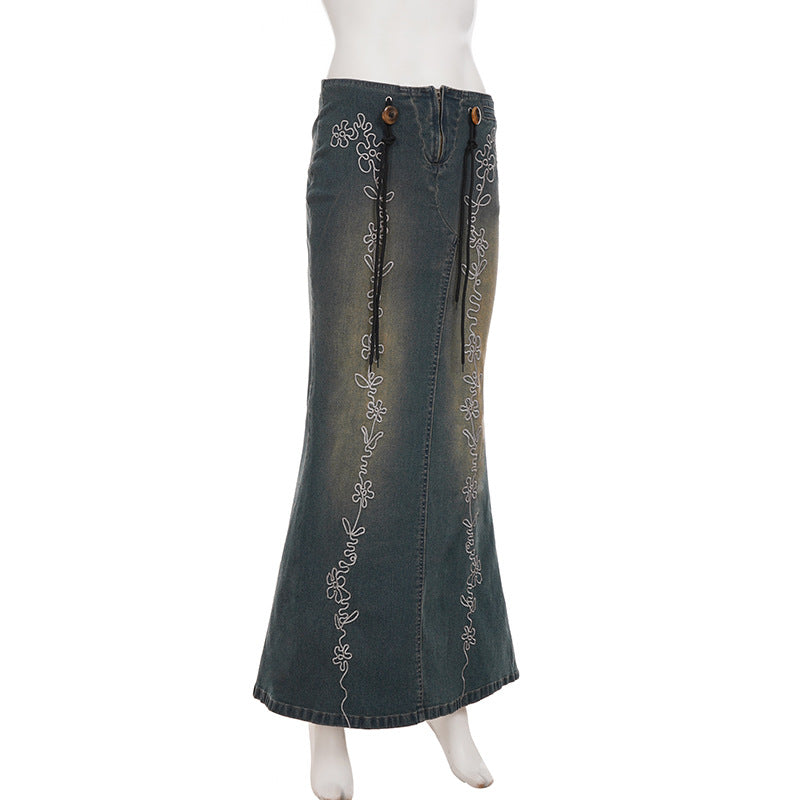 Denim embroidery zip-up slit maxi skirt  | Festival Outfits Women