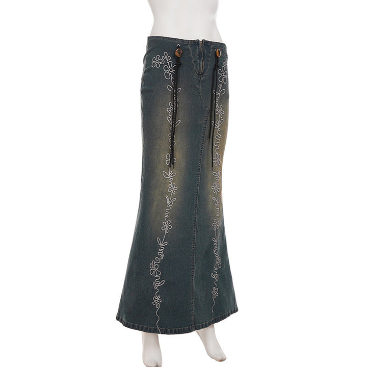 Denim embroidery zip-up slit maxi skirt  | Festival Outfits Women