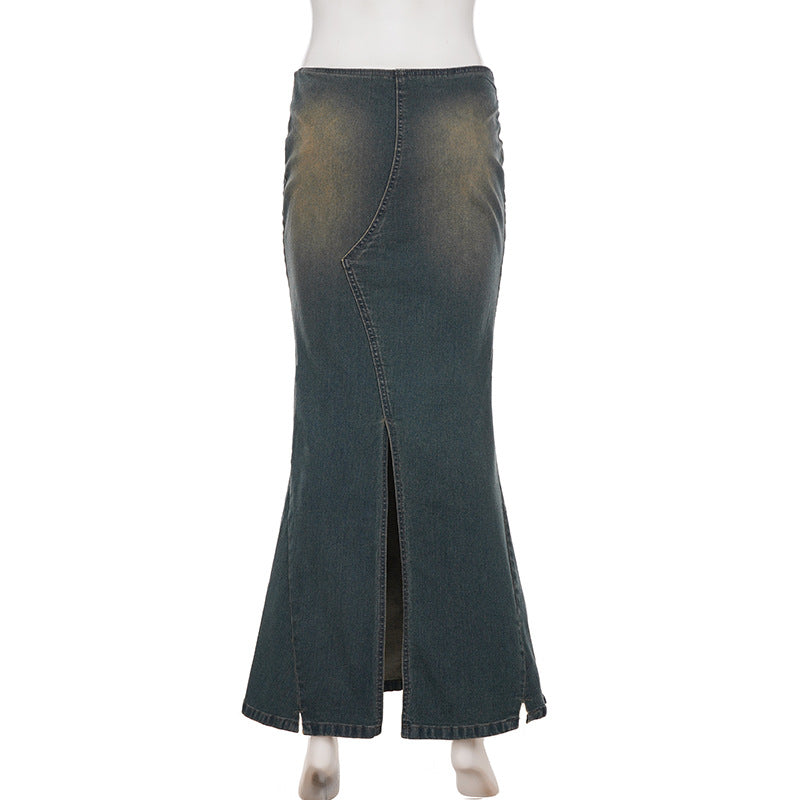 Denim embroidery zip-up slit maxi skirt  | Festival Outfits Women