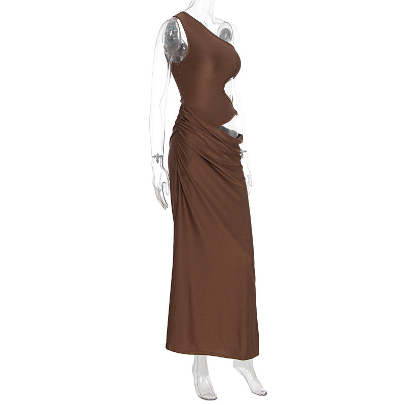One shoulder hollow out ruched cut out maxi dress  | Festival Outfits Women