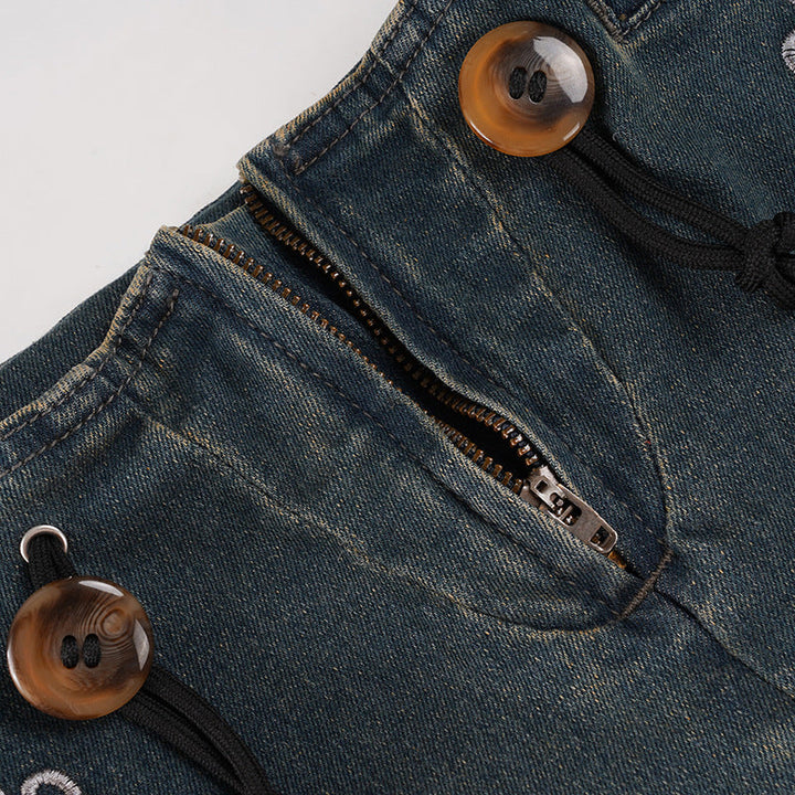 Denim embroidery zip-up slit maxi skirt  | Festival Outfits Women