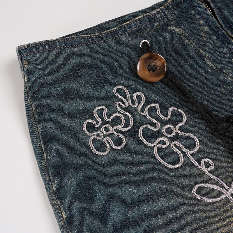 Denim embroidery zip-up slit maxi skirt  | Festival Outfits Women