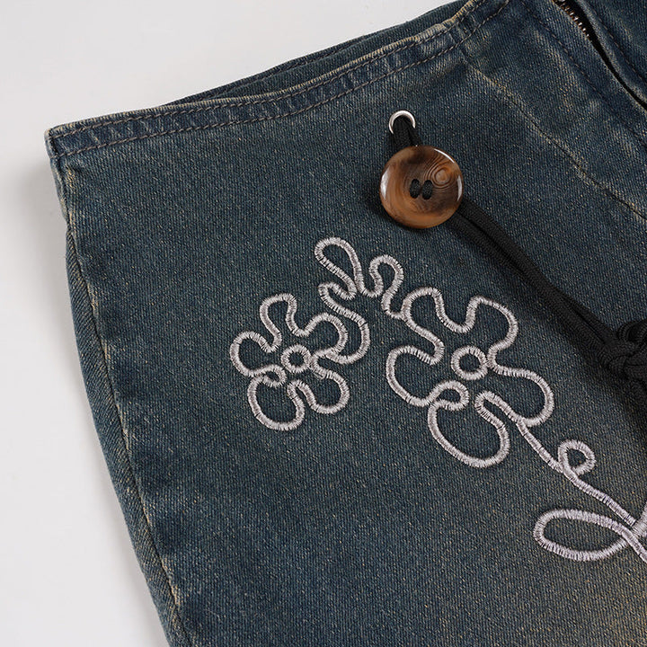 Denim embroidery zip-up slit maxi skirt  | Festival Outfits Women