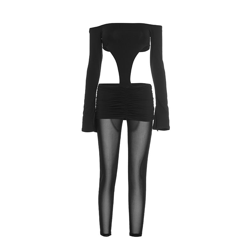 Off shoulder long sleeve mesh ruched hollow out jumpsuit  | Festival Outfits Women-final-sale