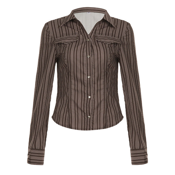 Turnover collar long sleeve striped print button top  | Festival Outfits Women