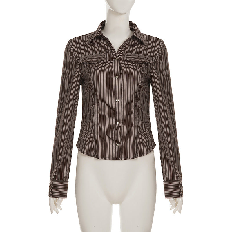 Turnover collar long sleeve striped print button top  | Festival Outfits Women