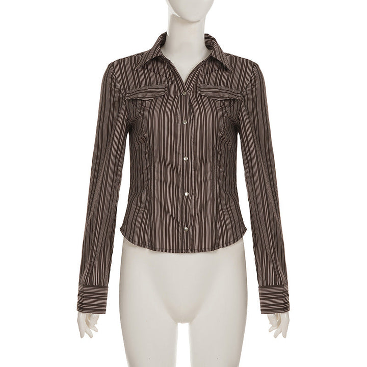 Turnover collar long sleeve striped print button top  | Festival Outfits Women