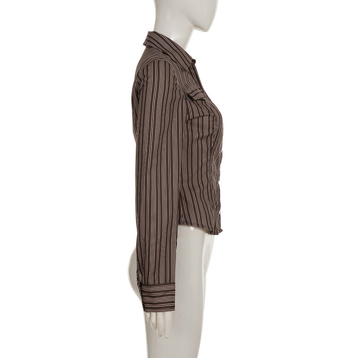 Turnover collar long sleeve striped print button top  | Festival Outfits Women