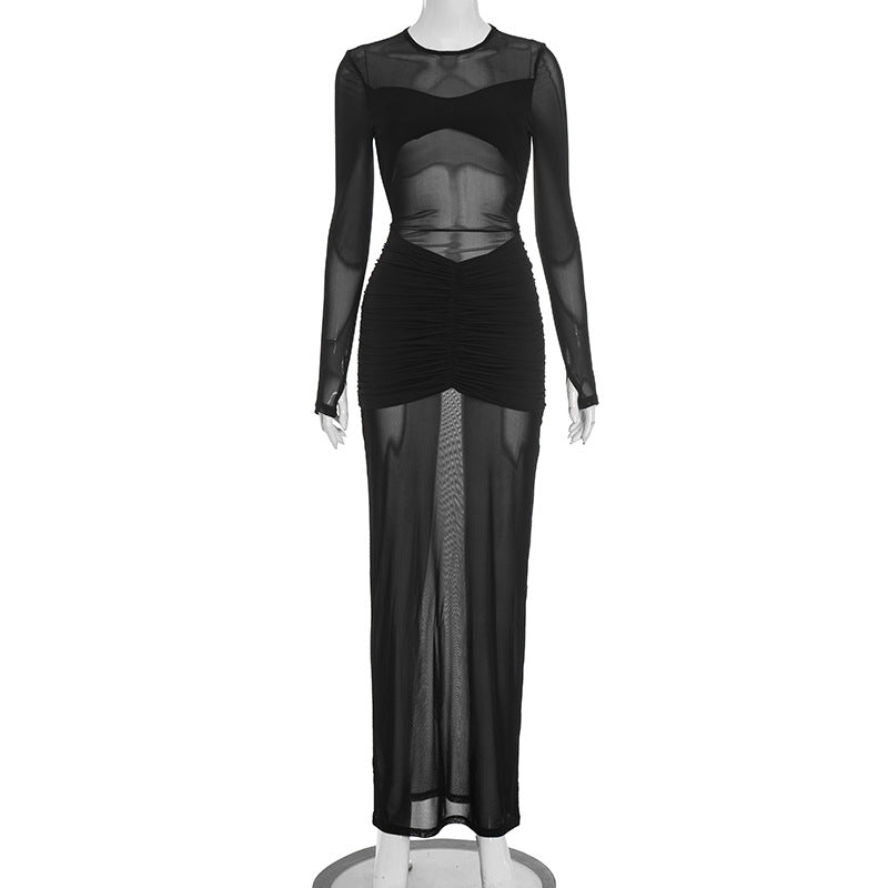Long sleeve crewneck ruched mesh hollow out cut out maxi dress  | Festival Outfits Women-final-sale