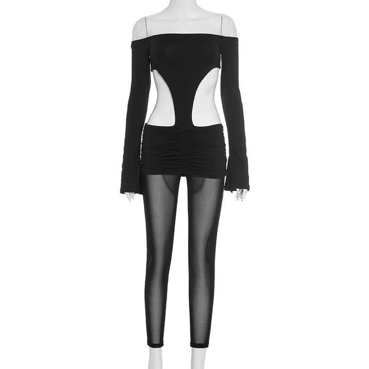 Off shoulder long sleeve mesh ruched hollow out jumpsuit  | Festival Outfits Women-final-sale