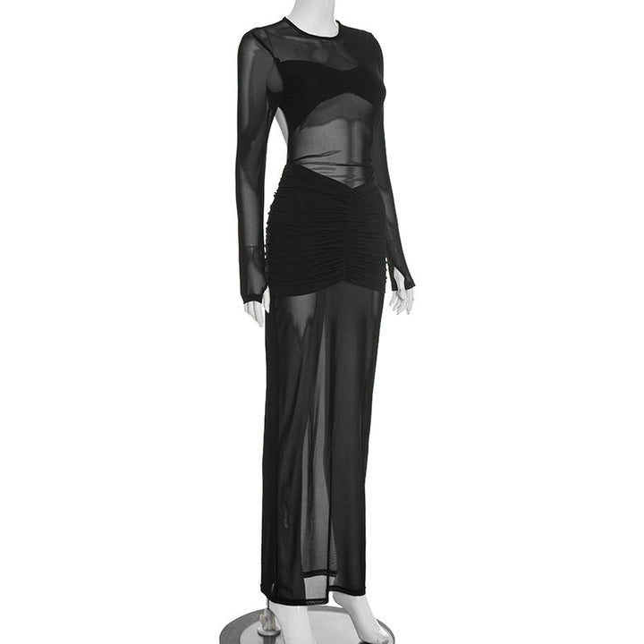 Long sleeve crewneck ruched mesh hollow out cut out maxi dress  | Festival Outfits Women-final-sale