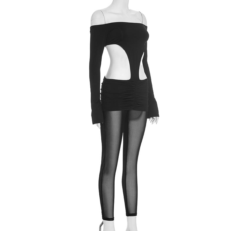 Off shoulder long sleeve mesh ruched hollow out jumpsuit  | Festival Outfits Women-final-sale