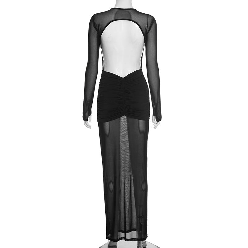 Long sleeve crewneck ruched mesh hollow out cut out maxi dress  | Festival Outfits Women-final-sale
