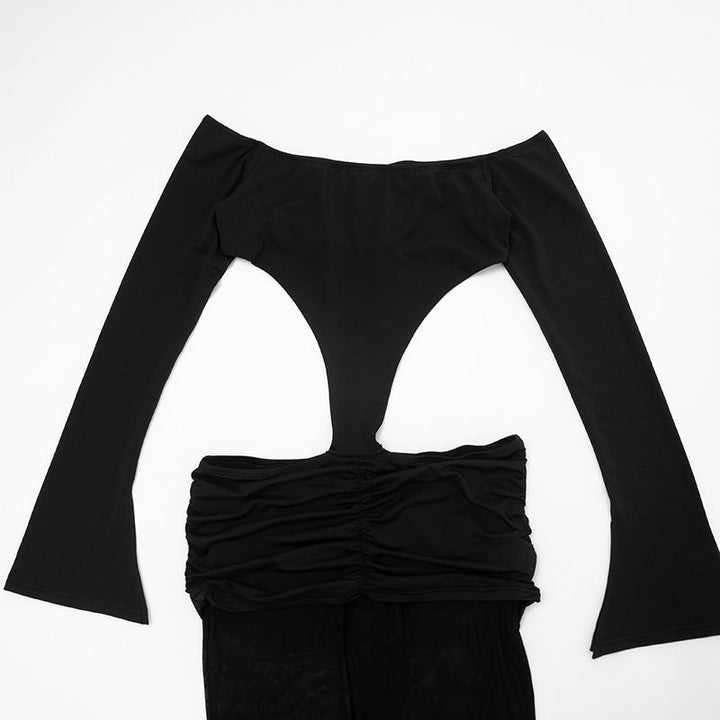 Off shoulder long sleeve mesh ruched hollow out jumpsuit  | Festival Outfits Women-final-sale