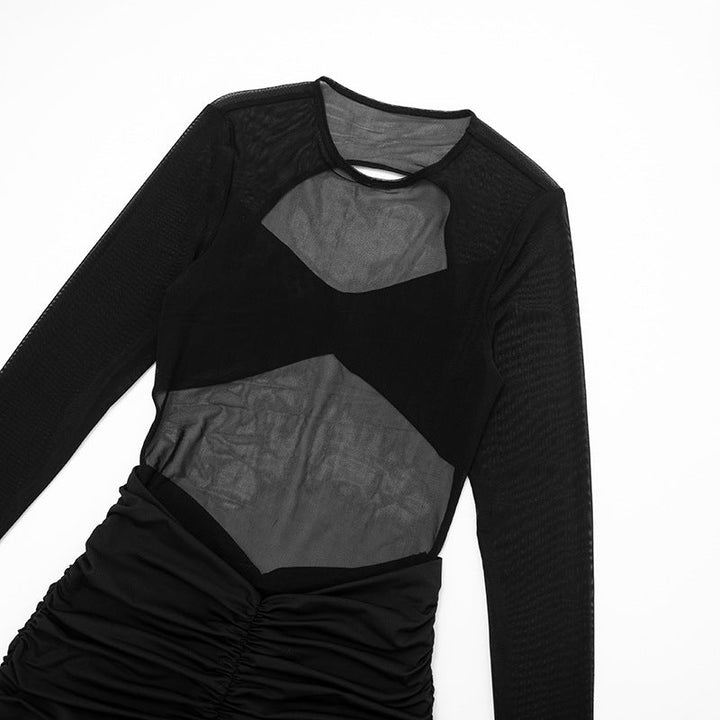 Long sleeve crewneck ruched mesh hollow out cut out maxi dress  | Festival Outfits Women-final-sale