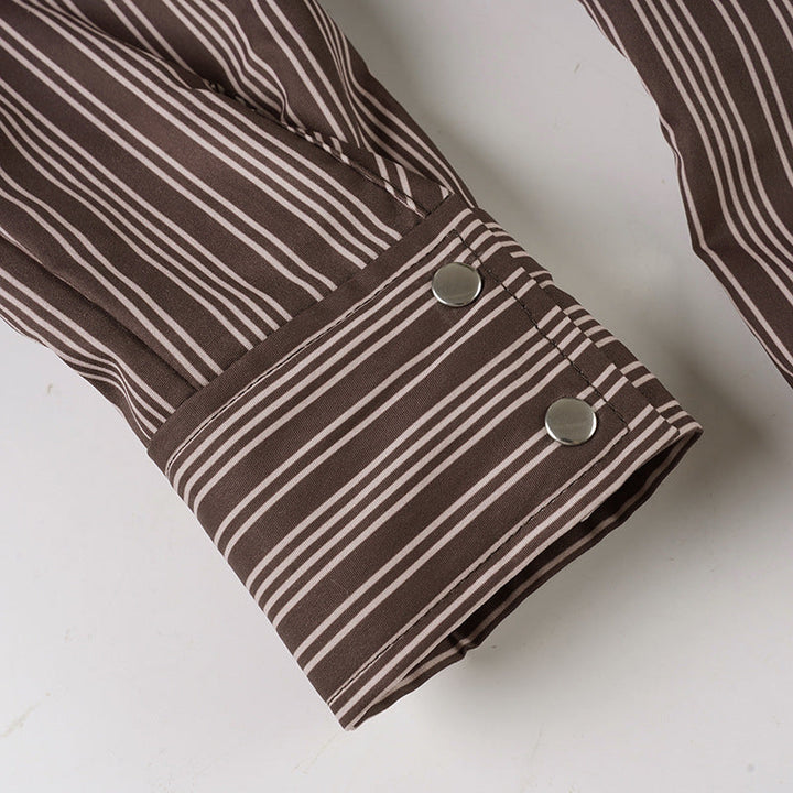 Turnover collar long sleeve striped print button top  | Festival Outfits Women