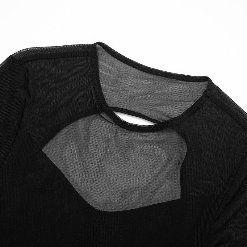 Long sleeve crewneck ruched mesh hollow out cut out maxi dress  | Festival Outfits Women-final-sale