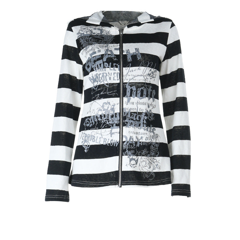 Hoodie long sleeve striped print zip-up top  | Festival Outfits Women