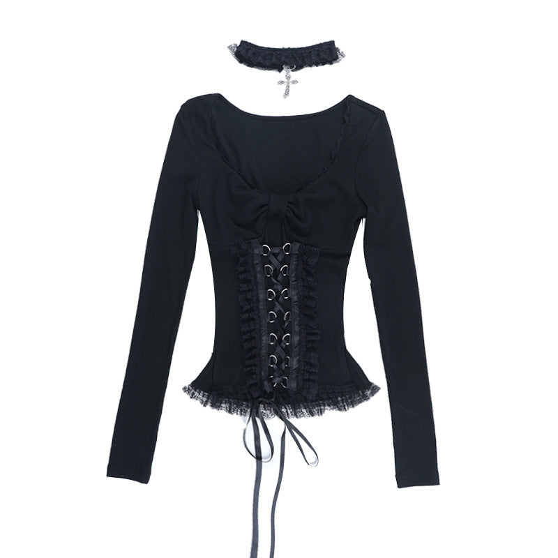 Long sleeve v neck lace hem top  | Festival Outfits Women