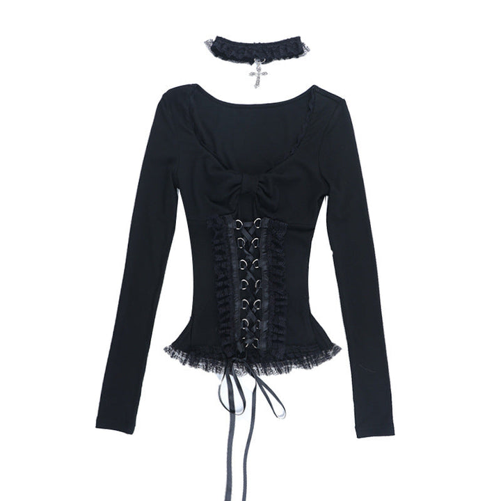 Long sleeve v neck lace hem top  | Festival Outfits Women