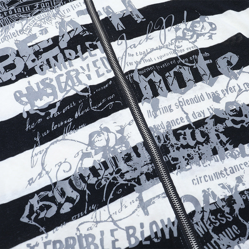 Hoodie long sleeve striped print zip-up top  | Festival Outfits Women