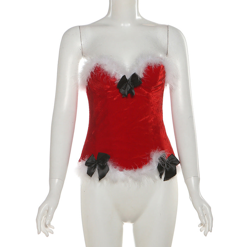Sweetheart neck bowknot lace up feather top  | Festival Outfits Women