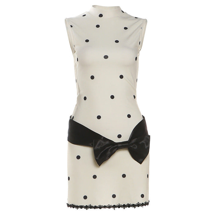 High neck sleeveless polka dot bowknot mini dress  | Festival Outfits Women