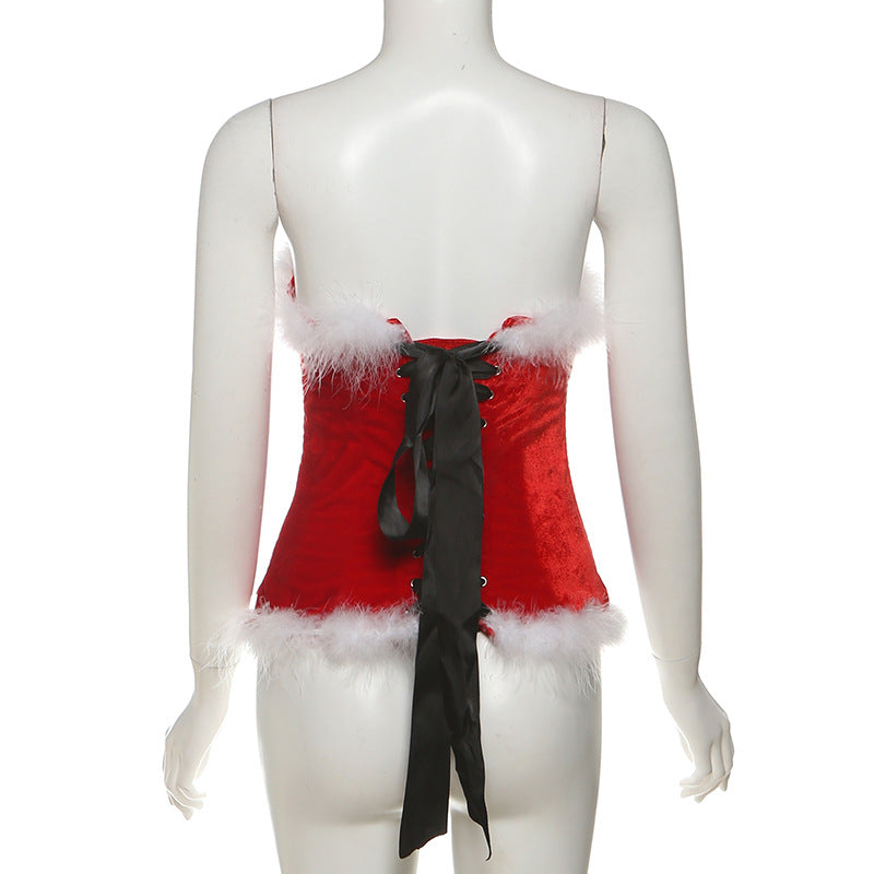 Sweetheart neck bowknot lace up feather top  | Festival Outfits Women