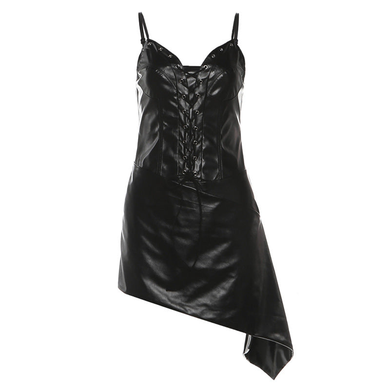 PU leather lace up backless cami mini dress  | Festival Outfits Women