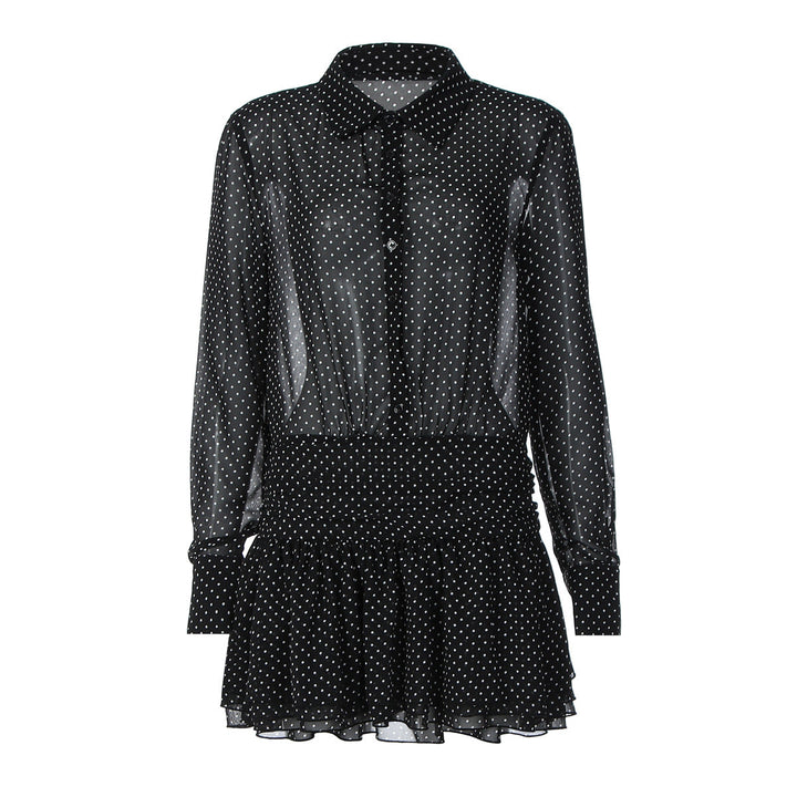 Turnover collar long sleeve button chiffon polka dot mini dress  | Festival Outfits Women