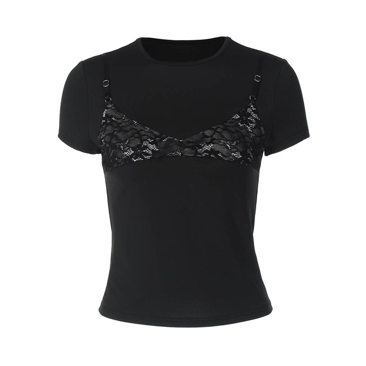 Short sleeve crewneck lace patchwork top  | Festival Outfits Women