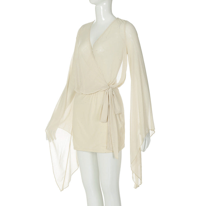 Long sleeve v neck backless mesh self tie mini dress  | Festival Outfits Women