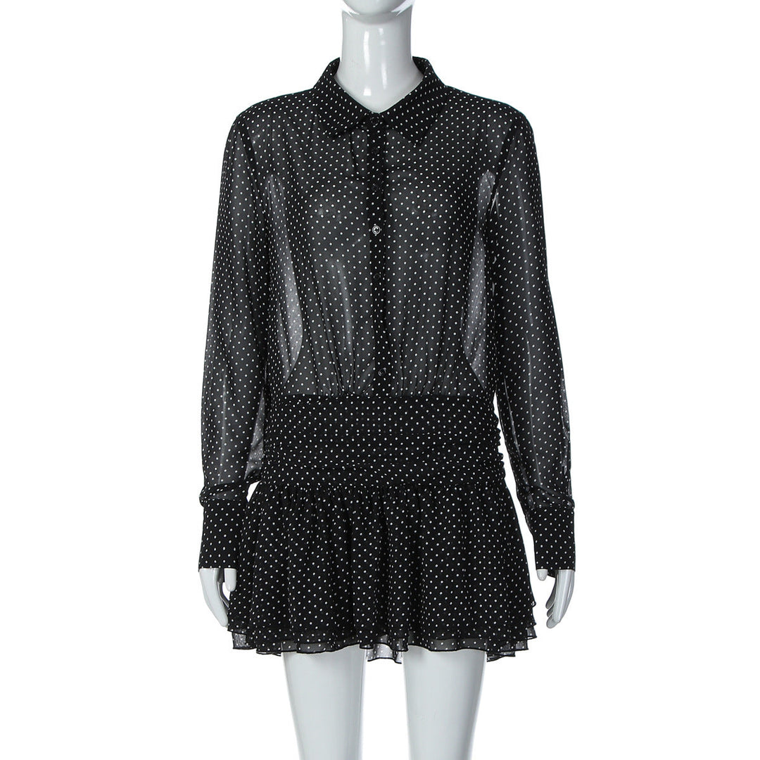 Turnover collar long sleeve button chiffon polka dot mini dress  | Festival Outfits Women