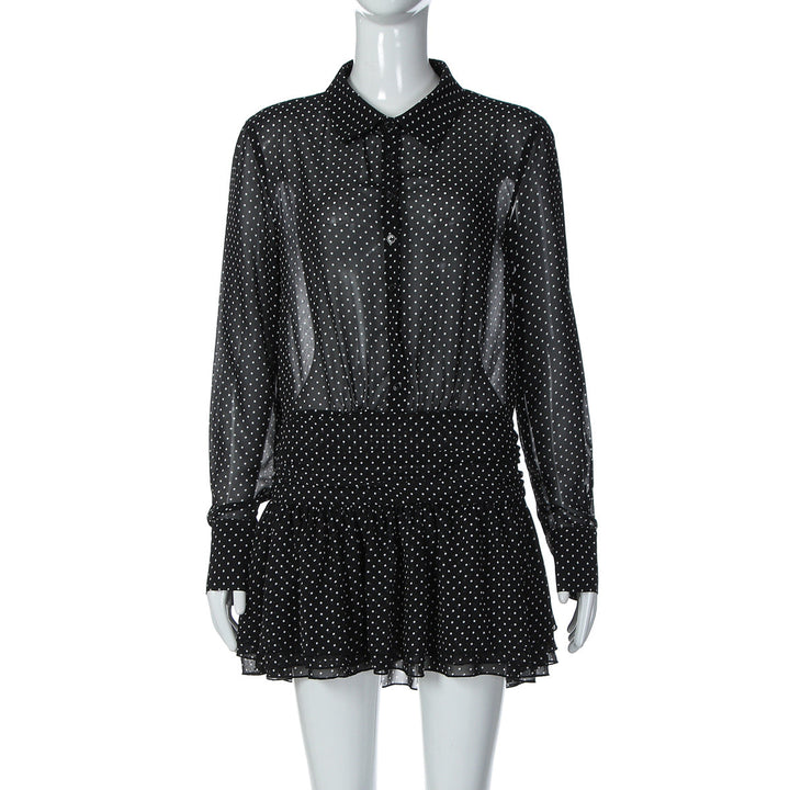 Turnover collar long sleeve button chiffon polka dot mini dress  | Festival Outfits Women