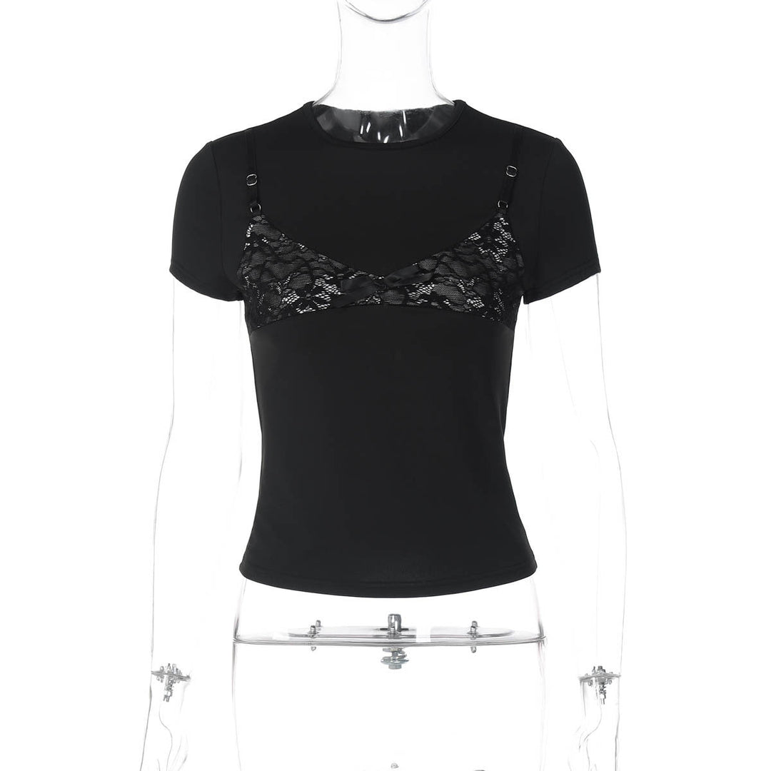 Short sleeve crewneck lace patchwork top  | Festival Outfits Women