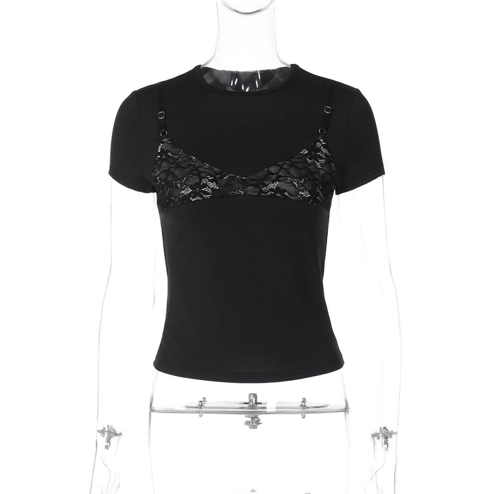 Short sleeve crewneck lace patchwork top  | Festival Outfits Women