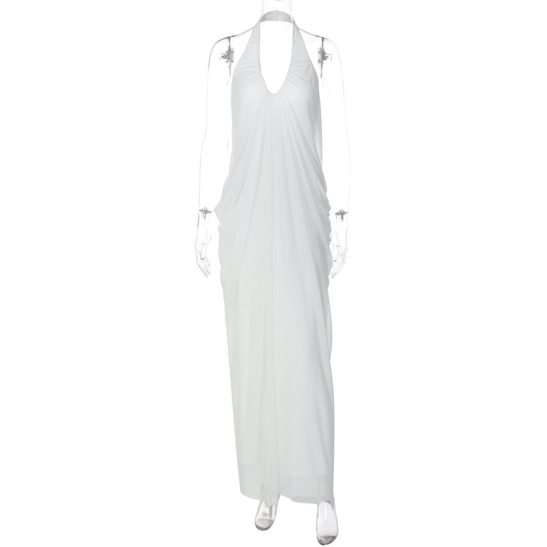 Halter v neck ruched backless mesh maxi dress  | Festival Outfits Women
