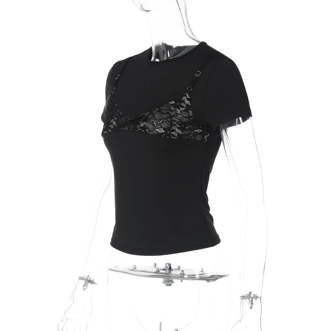 Short sleeve crewneck lace patchwork top  | Festival Outfits Women
