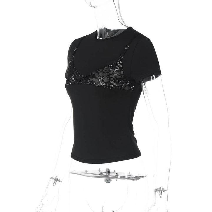 Short sleeve crewneck lace patchwork top  | Festival Outfits Women