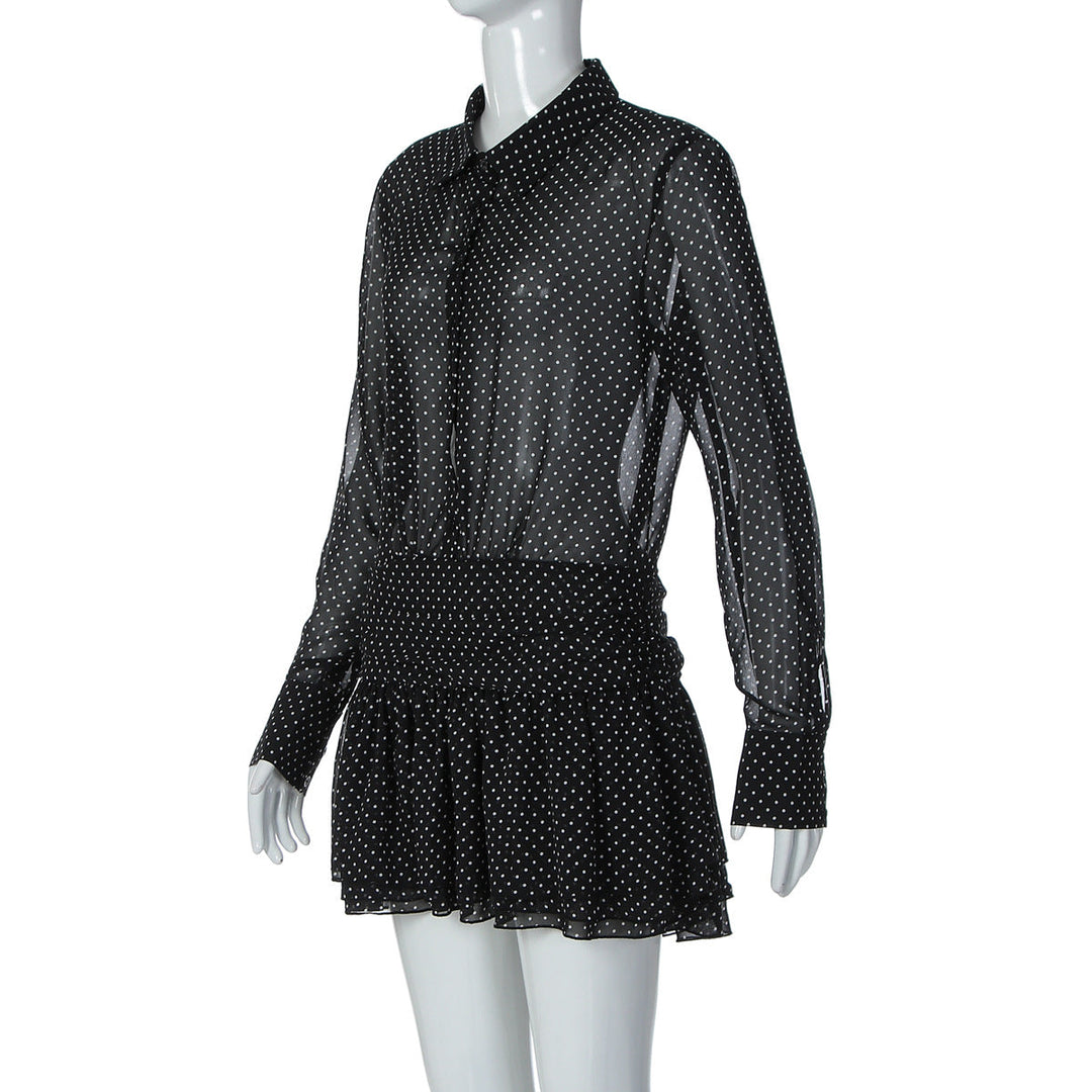 Turnover collar long sleeve button chiffon polka dot mini dress  | Festival Outfits Women