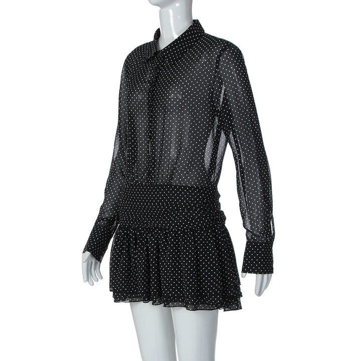 Turnover collar long sleeve button chiffon polka dot mini dress  | Festival Outfits Women